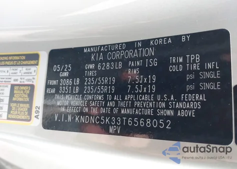 2026 Kia Carnival Mpv Ex z USA, uszkodzony, nr VIN KNDNC5K33T6568052